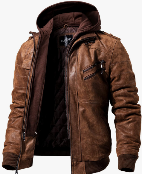 Brown Leather Motorcycle Jacket with Removable Hood